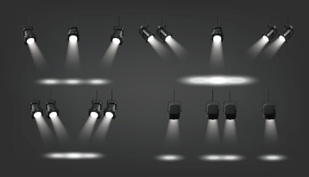 Stage spotlights set isolated on black background. Vector realistic illustration of bright ceiling lamps shining with white light ray, concert, show, nightclub, podium, theater illumination equipment