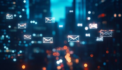 Naklejka premium Modern digital background of white envelope icons against blurred cityscape for e commerce themes
