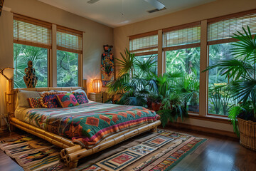 Tropical bedroom with a bamboo bed frame, lush green plants, colorful bedding, and large windows offering views of a serene outdoor garden. interior design 