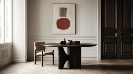 A modern dining room with a wooden table, a chair, and a framed abstract painting on the wall.