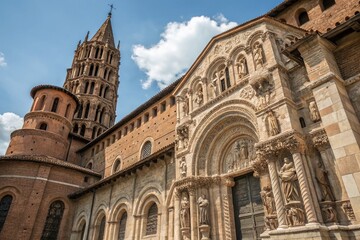 Fototapeta premium Macro Photography of Intricate Architectural Details of Basilica Saint Sernin Church in Toulouse, Showcasing Stunning Stonework and Ornate Elements for Stock Photography Use