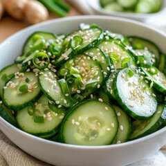 A fresh and crunchy Asian cucumber salad with sesame seeds and a light vinaigrette, served in a white bowl, Salad centered with a side of pickled ginger
