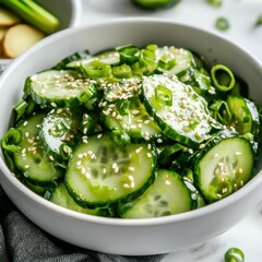 A fresh and crunchy Asian cucumber salad with sesame seeds and a light vinaigrette, served in a white bowl, Salad centered with a side of pickled ginger