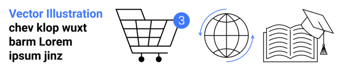 Shopping cart with notification icon, rotating globe with arrows, and open book with graduation cap. Ideal for e-commerce, education, online learning, global studies, academic resources, graduation