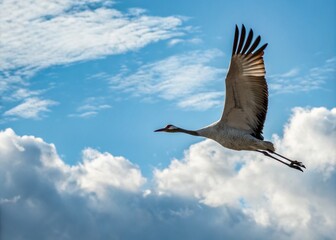 Obraz premium Majestic Crane in Flight with Copy Space for Nature and Wildlife Themes, Perfect for Educational and Artistic Uses, Showcasing the Beauty of Avian Life Against a Blue Sky