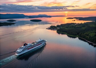 Naklejka premium Majestic Cruise Ship Sailing Through Tranquil Waters at Sunset, Capturing the Beauty of Macro Photography in Nature's Serene Environment and Reflective Seascapes