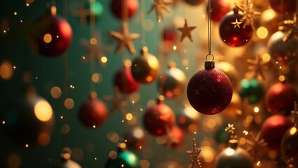 A cascade of sparkling Christmas ornaments falling through the air