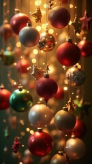 A cascade of sparkling Christmas ornaments falling through the air