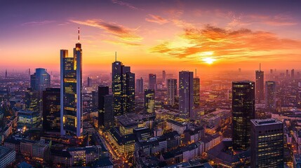 Fototapeta premium A panoramic view of the Frankfurt skyline at sunset, with skyscrapers reaching for the colorful sky.