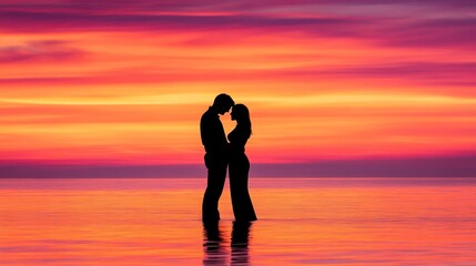 Fototapeta premium Silhouette of a couple standing in the water at sunset.