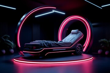 Naklejka premium A cyberpunk medical lab with neon lights and futuristic technology, symbolizing high-tech healthcare in a dystopian world