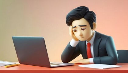 Demotivated employee, tired expression at desk, 3D illustration.