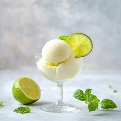 A fresh and zesty lime sorbet with a smooth texture and a lime slice garnish, elegantly served in a clear glass dish, Lime sorbet centered