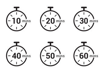 Timer clock stopwatch vector icon. Stopwatch icon set. Timer sign. Timer icon set, timer from 10 to 60 minutes, vector illustration. 10, 20, 30, 40, 50, 60 min clock.