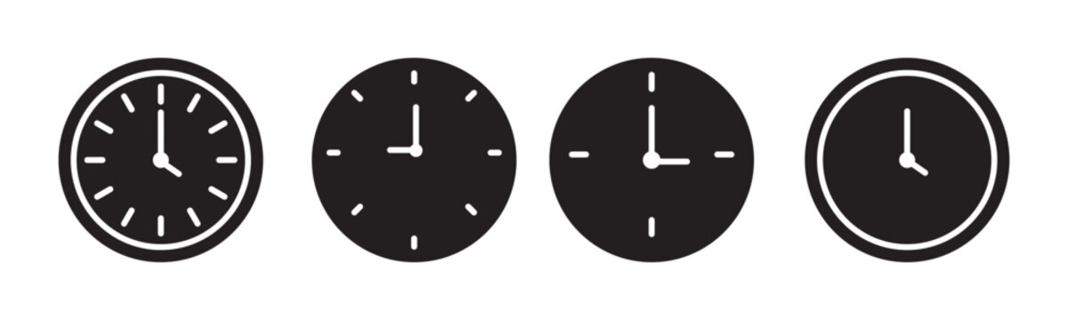 Set of clock icons. Clock, time. Hours dial. Watch time. Business deadline. Time clock icon. Wall clock vector icon. Schedule timer sign for UI designs.