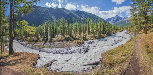 Mountain landscape by river, rushing stream, wild places, sunny day
