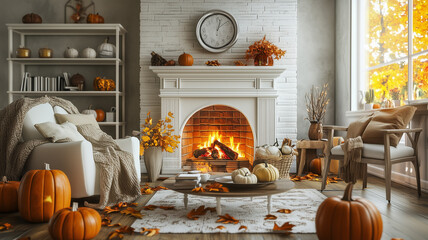 Obraz premium A cozy living room with a fireplace decorated for Thanksgiving with pumpkins and autumn-themed decor