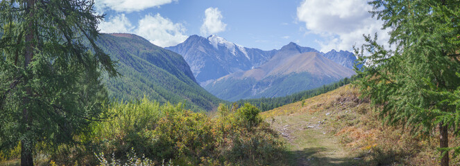 Mountain landscape, sunny day, mountain valley, panoramic view