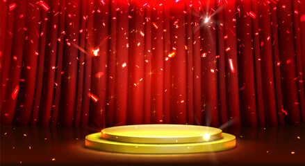 Illuminated golden podium stands before red velvet drapes. Circular stage glows with spotlight beneath scattering sparkles. Theater setting with maroon curtain backdrop and shimmering light effects.