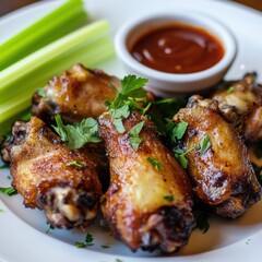 A golden and crispy baked chicken wings with a side of tangy barbecue sauce, served on a white plate, Chicken wings centered with a few celery sticks