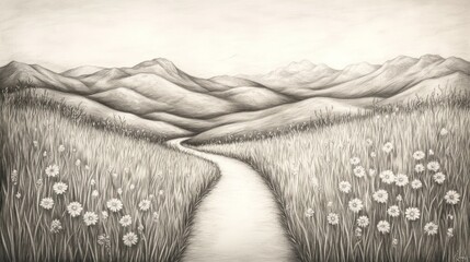 Fototapeta premium A winding path through a field of wildflowers leading to a mountain range, drawn in black and white pencil.