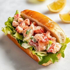A gourmet lobster roll with chunks of lobster meat, lettuce, and a light mayo dressing