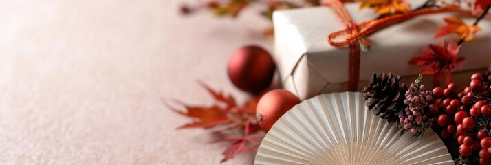 Japanese coming of age day gift arrangement with traditional decorations and autumn elements