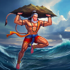 This powerful image shows Lord Hanuman in mid-flight, carrying the Dronagiri mountain. His muscular form and determined expression showcase his unwavering commitment and heroic role in the Ramayana, s