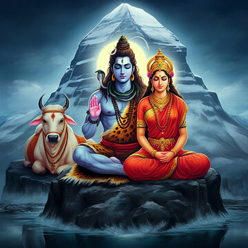 An intimate scene of Lord Shiva and Goddess Parvati sitting together on Mount Kailash, accompanied by Nandi the bull. This serene depiction symbolizes the divine union of Shiva and Parvati, embodying 