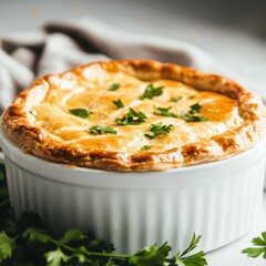 A hearty and flavorful chicken pot pie with a golden, flaky crust and a savory filling of chicken and vegetables, served in a white ceramic dish