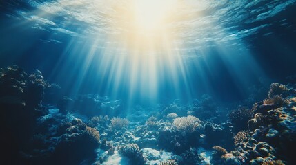 Naklejka premium Sunbeams shine through the crystal-clear water, illuminating a vibrant coral reef.