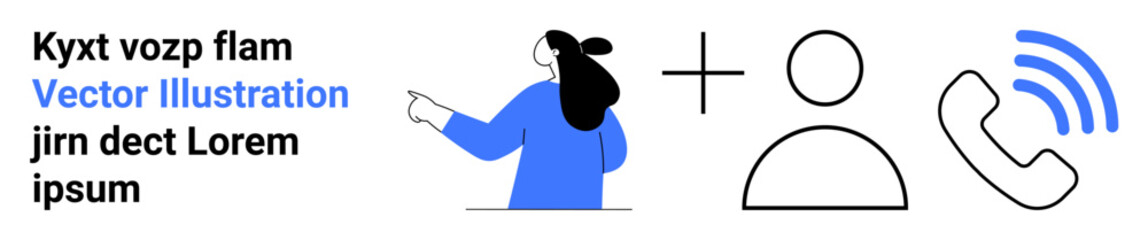 Businesswoman with pointing gesture, plus simple user icon and phone receiver with signal waves. Ideal for communication, customer support, networking, contact us page, virtual meetings, business