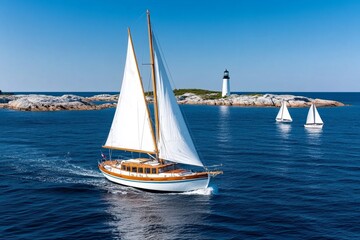 Fototapeta premium A lighthouse in the distance with sailboats passing by, capturing a classic nautical vibe