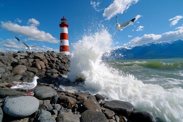 A lighthouse on a small island with crashing waves and seagulls flying around, capturing the power of nature