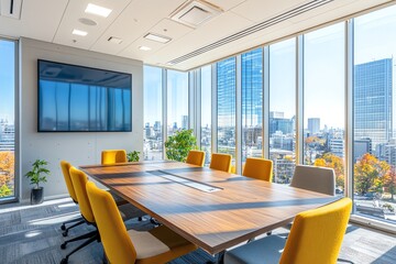 Modern office meeting room with a large window overlooking a city skyline.