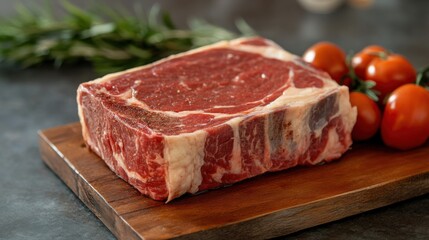 Juicy prime rib roast on wooden cutting board with fresh tomatoes