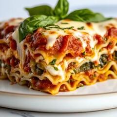A hearty vegetable lasagna with layers of pasta, marinara sauce, and melted cheese