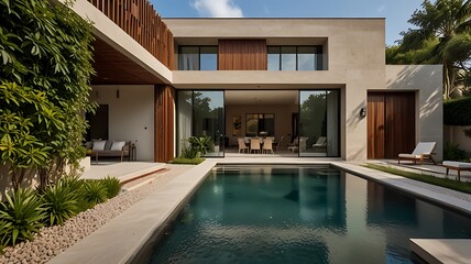 Fototapeta premium Modern Home with Pool and Lush Greenery,