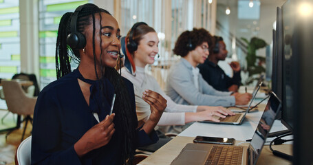 Consultant, call center and talking with woman in office for customer service, agent or contact us....