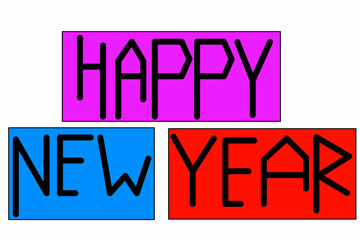 Text design "happy new year" with pink, blue, red colors
