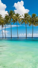 Obraz premium Panorama of idyllic tropical beach with palm trees, white sand and turquoise blue water. Empty summer holidays background. advertising, paradise vacation. Panoramic empty