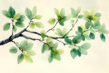 Obraz premium watercolor illustration of a delicate tree branch featuring lush leaves and intricate details set against a plain background that emphasizes the beauty of natures design