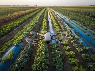 A drone flies over a well-organized vegetable farm, capturing data for precision agriculture