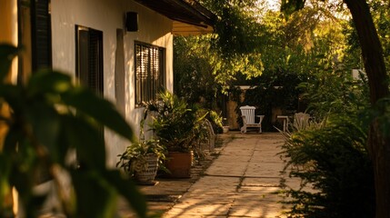 A white patio with a chair and plants in the background, surrounded by lush green foliage.