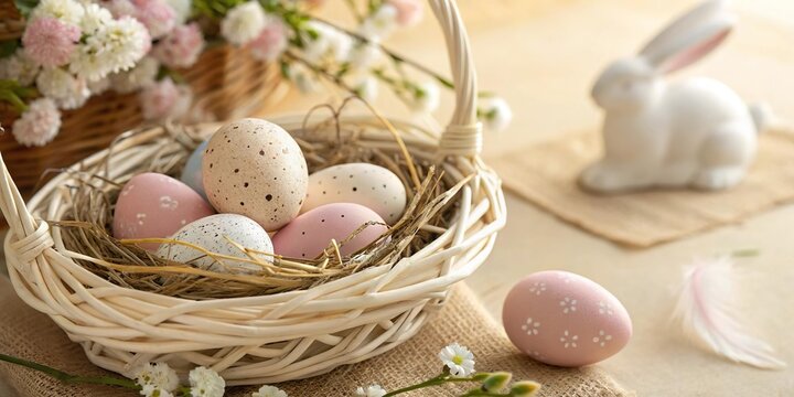 Osterkorb mit pastellfarbenen und gemusterten Eiern, dekoriert mit Fr&uuml;hlingsblumen