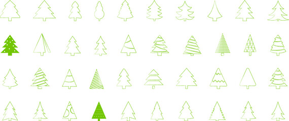 Christmas Tree simple line icons vector set. Christmas Tree with star thin line icons set. Linear fir, pine icon collection. New year holiday Simple contour xmas symbol isolated on white.