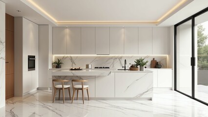 Fototapeta premium Minimalist and Elegant Kitchen with Wooden Accents and Marble Backsplash