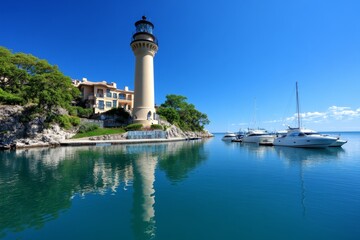 Fototapeta na wymiar A tall lighthouse standing over a calm harbor with small boats docked nearby