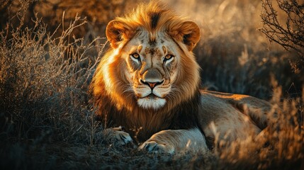 Fototapeta premium A majestic lion with a golden mane stares intensely at the camera, sitting in tall grass with a warm, golden light behind it.