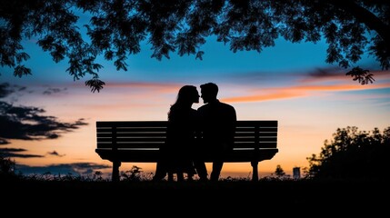 Fototapeta premium A couple silhouetted on a park bench, gazing into each other's eyes as the sun sets behind them.